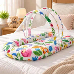 Colorful animal print baby nest with padded sides and breathable mosquito net canopy