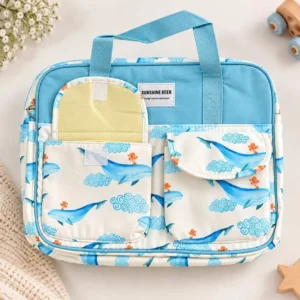 Large capacity blue whale print baby diaper bag with multiple pockets and carry handles