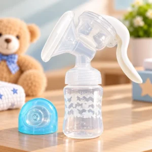 Manual breast pump with ergonomic handle and transparent 180ml graduated milk collection bottle