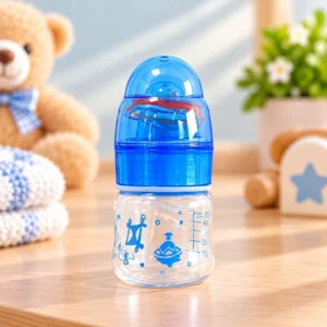 Mini 50ml baby feeding bottle with blue protective cap teat and measurement markings