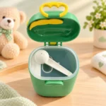 Green portable baby formula milk powder dispenser box with measuring scoop and carry handle