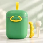 Green portable baby formula milk powder dispenser box with measuring scoop and carry handle