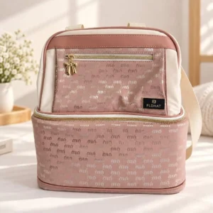 Premium pink and cream insulated baby diaper bag with dual compartments and gold zipper