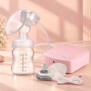 Automatic electric breast pump with breast shield, milk collection bottle and compact pump unit