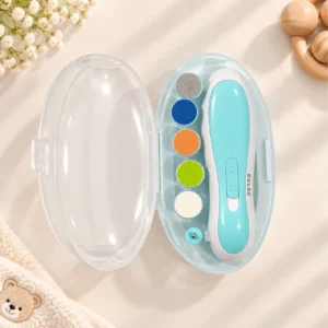 Aqua blue electric baby nail trimmer with interchangeable filing pads and protective storage case