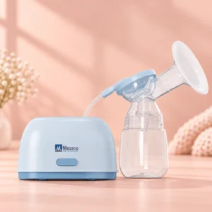Electric breast pump with breast shield, collection bottle and compact motor unit