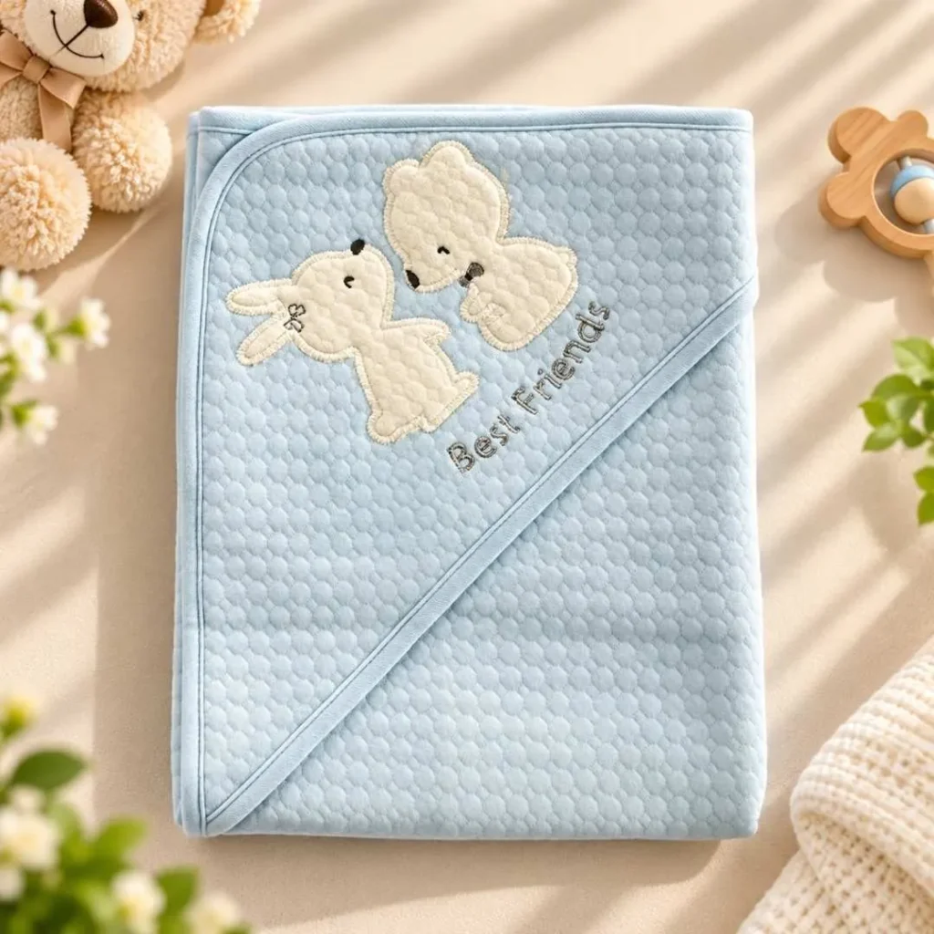 Hooded Baby Bath Towel – Soft Blue Best Friends Design