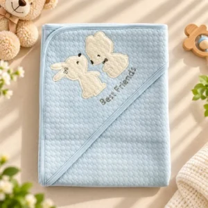 Light blue hooded baby bath towel with Best Friends bunny and bear design