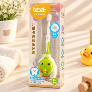 Green cartoon kids musical electric toothbrush with soft brush head for children aged 4 years and above