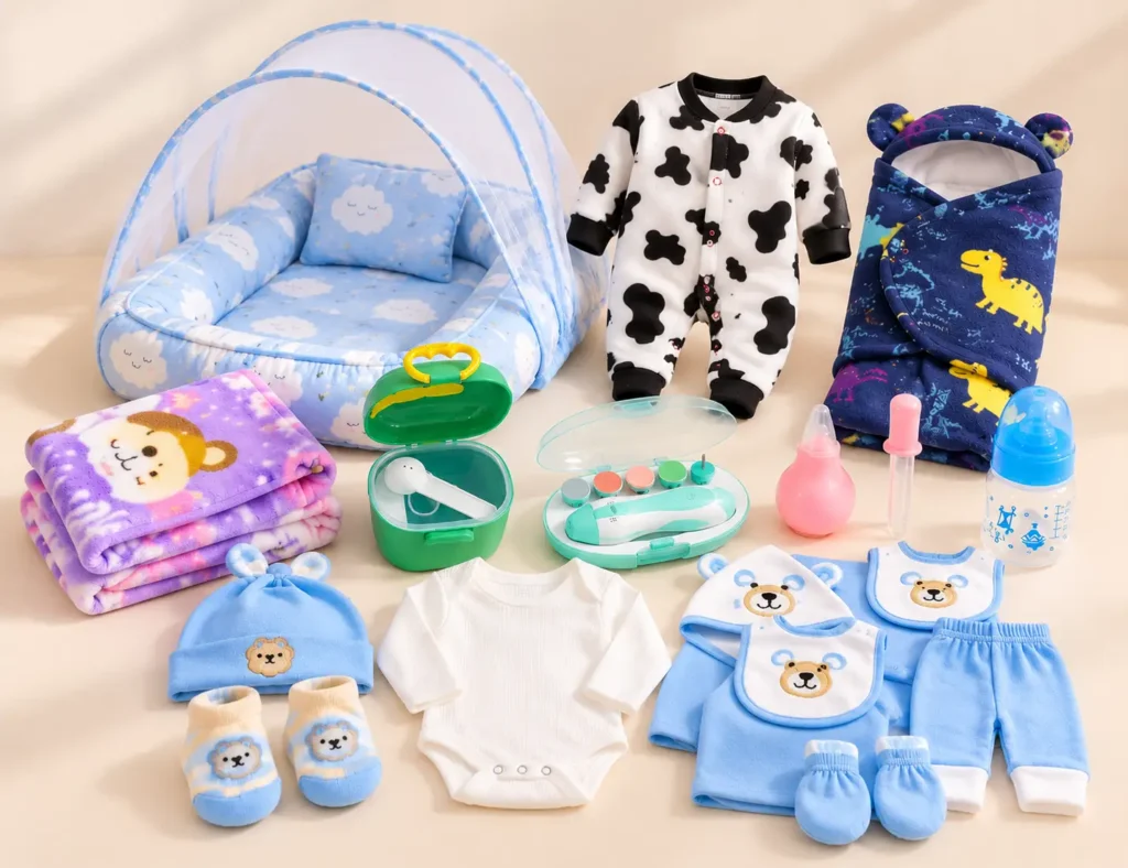 Little Arrival Starter Kit with newborn baby essentials including clothing bedding feeding and grooming items