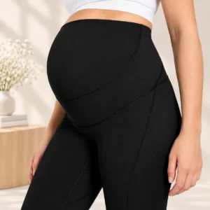 Black maternity support tights with high rise waistband for pregnancy belly support