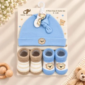 Blue newborn baby cap and socks set with bear design for babies aged 0 to 6 months
