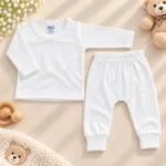 White newborn baby thermal suit with long sleeve shirt and matching elastic waist trousers