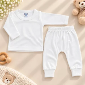 White newborn baby thermal suit with long sleeve shirt and matching elastic waist trousers
