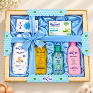 Nexton baby gift set with wooden basket containing newborn skincare and hygiene essentials