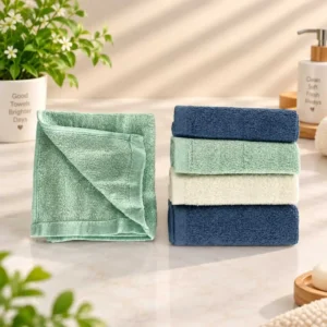 Soft textured baby washcloths in blue green and cream colors for bath and face cleaning