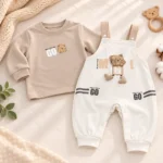 2-piece baby dungaree set with bear print overall and matching full-sleeve top