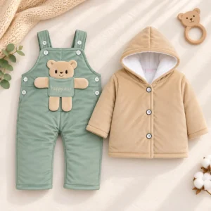 2-piece baby winter dungaree set with bear-detail overall and hooded jacket