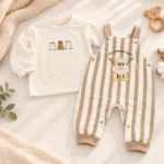 2-piece baby dungaree set with full-sleeve top and striped character-print overall