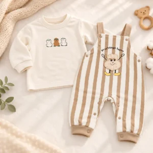 2-piece baby dungaree set with full-sleeve top and striped character-print overall