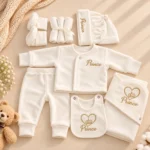 Welcome Little Prince newborn baby clothing set with matching cap, mittens and bib