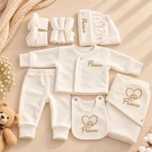 Welcome Little Prince newborn baby clothing set with matching cap, mittens and bib